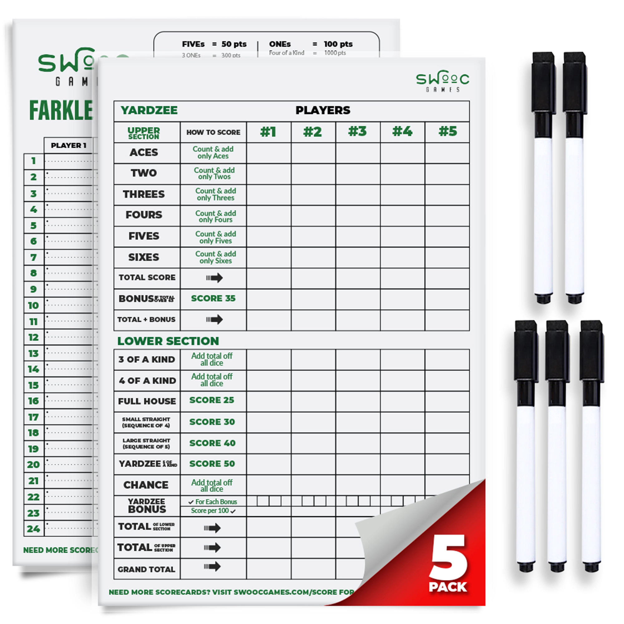 Swooc Games | 5 Pack Premium Yardzee & Farkle Scorecards