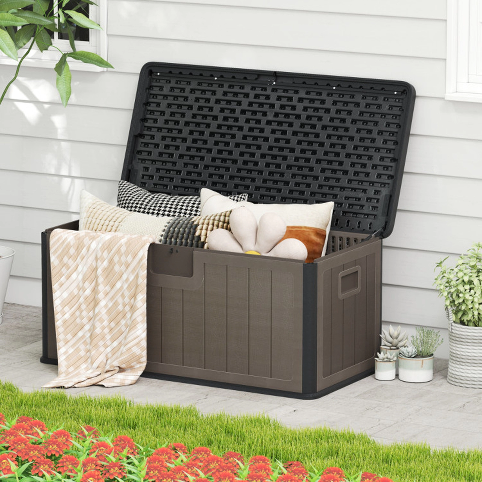 SUGIFT 100 Gallon HDPE Deck Storage Box with Lockable Lid 440-lb Bench Capacity 51-in Wide Patio Bench Black and Brown