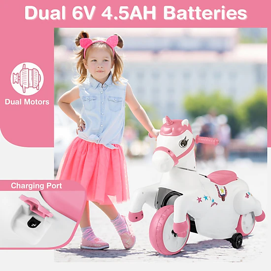 SUGIFT 12V Kids Unicorn Ride On Toy with Training Wheels and Horse ...