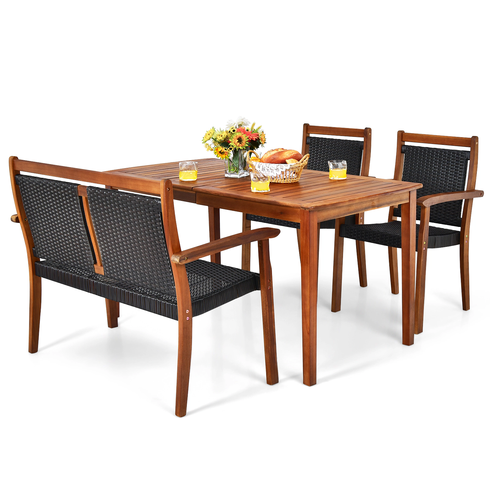 SUGIFT Loveseat and 2 Chairs 4-Piece Acacia Wood and Rattan Patio Dining Set