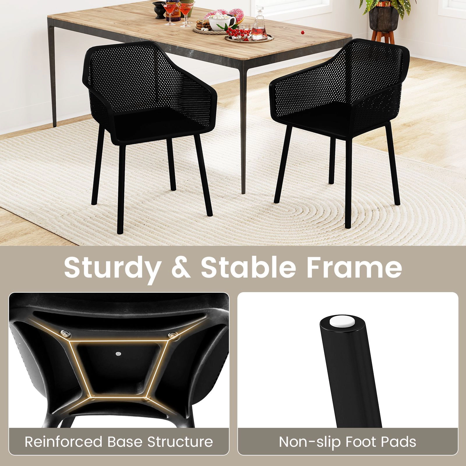 SlickBlue Black Plastic Dining Chairs Set of 2, Armrest Mesh Back