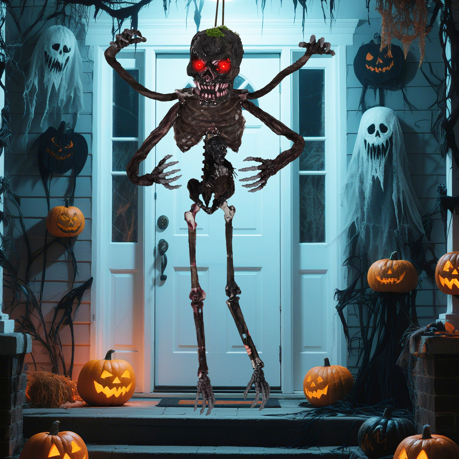 SUGIFT 6-ft 4 Poseable Arms Red LED Eyes Sound-Activated Animated Halloween Skeleton Decor 5.5-ft Wide 4.5-lb