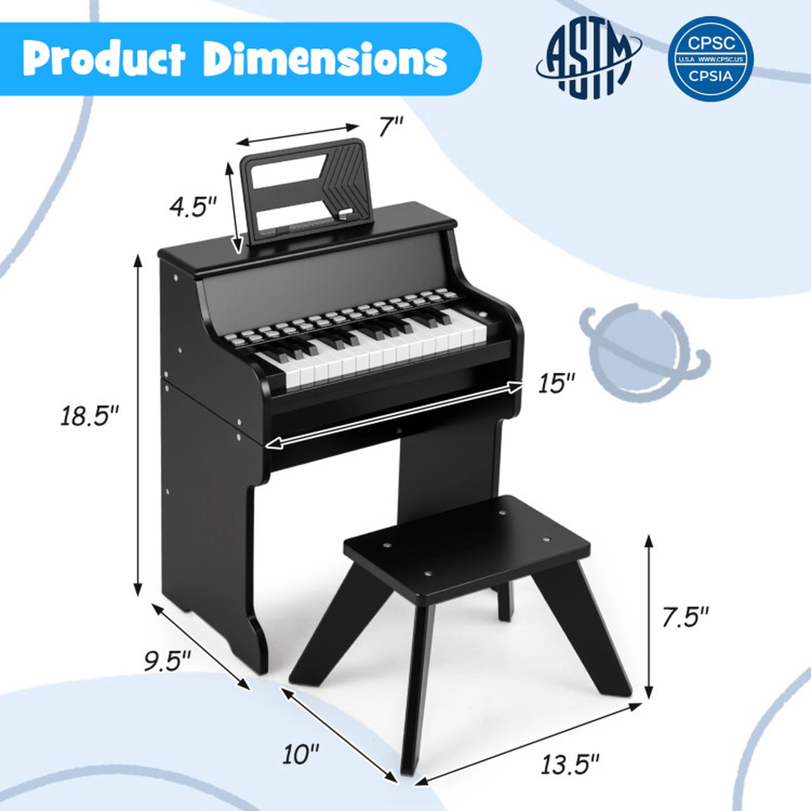 SUGIFT 25-Key Kids Digital Piano Keyboard with Stool Mini Wooden Piano 15-in Wide Ages 3+ Speed and Volume Black