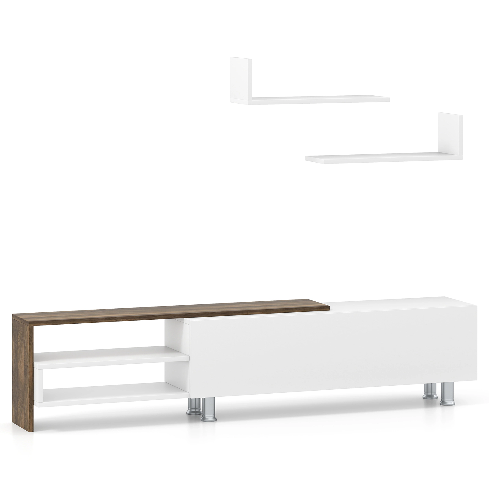 SUGIFT 3-Piece Farmhouse TV Stand with Floating Shelves 77-lb Tabletop Capacity for TVs up to 80 in White & Walnut