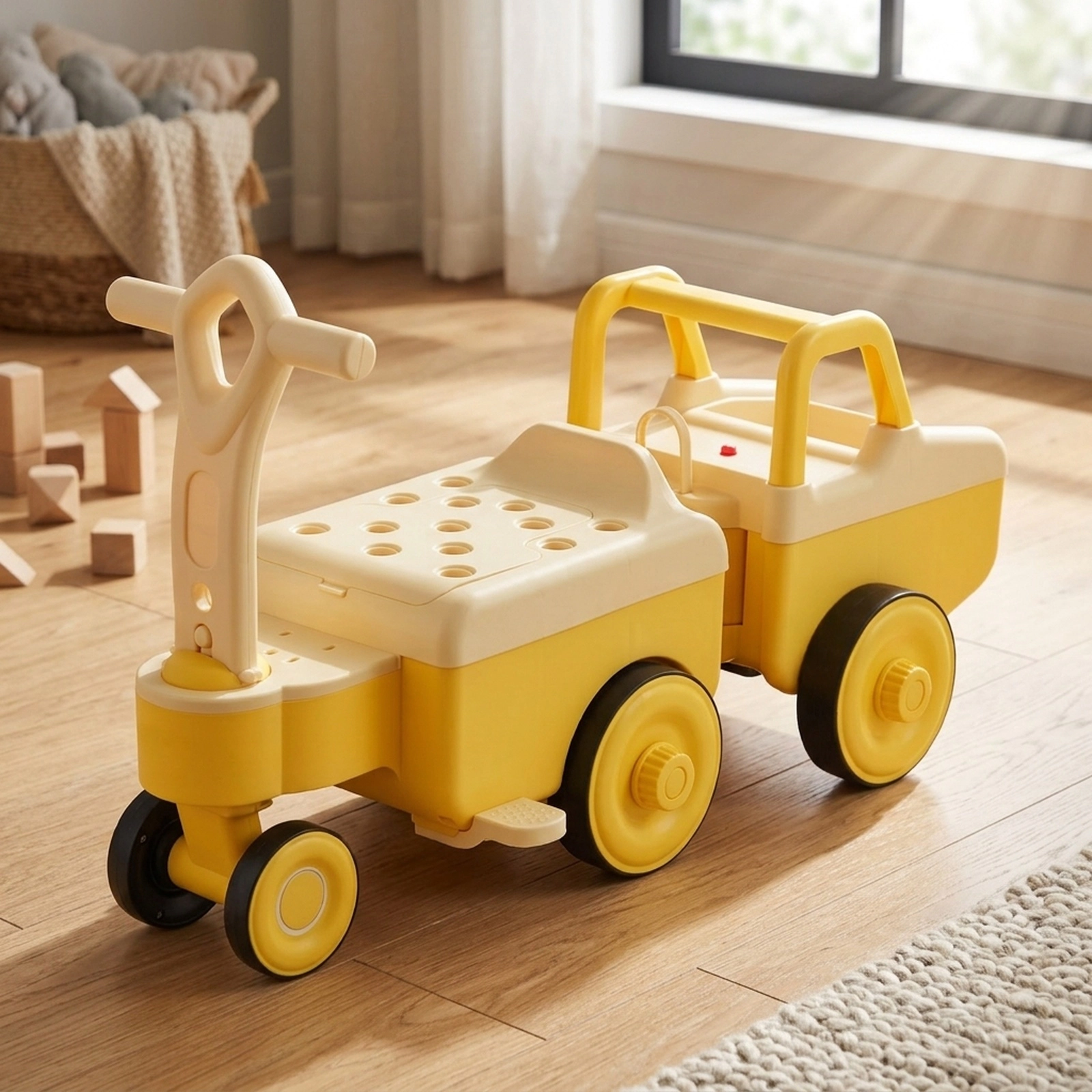 4-in-1 Kids Ride on Push Car Detachable Trailer 10 Songs Under Seat Storage Backrest Ages 1.5-5 45-lb Seat Load