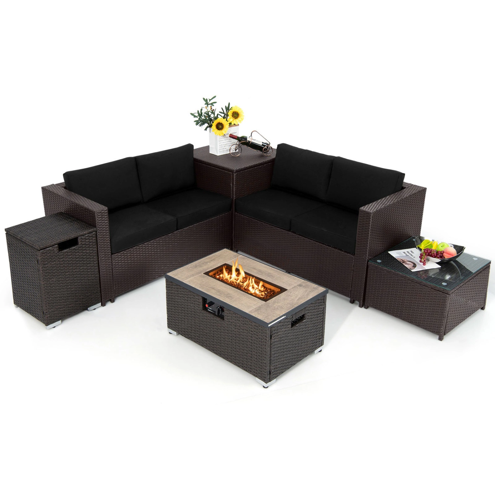 SUGIFT 6-Piece 40,000 BTU Propane Fire Pit Patio Set with 2 Loveseats, Tank Cover and Storage Box
