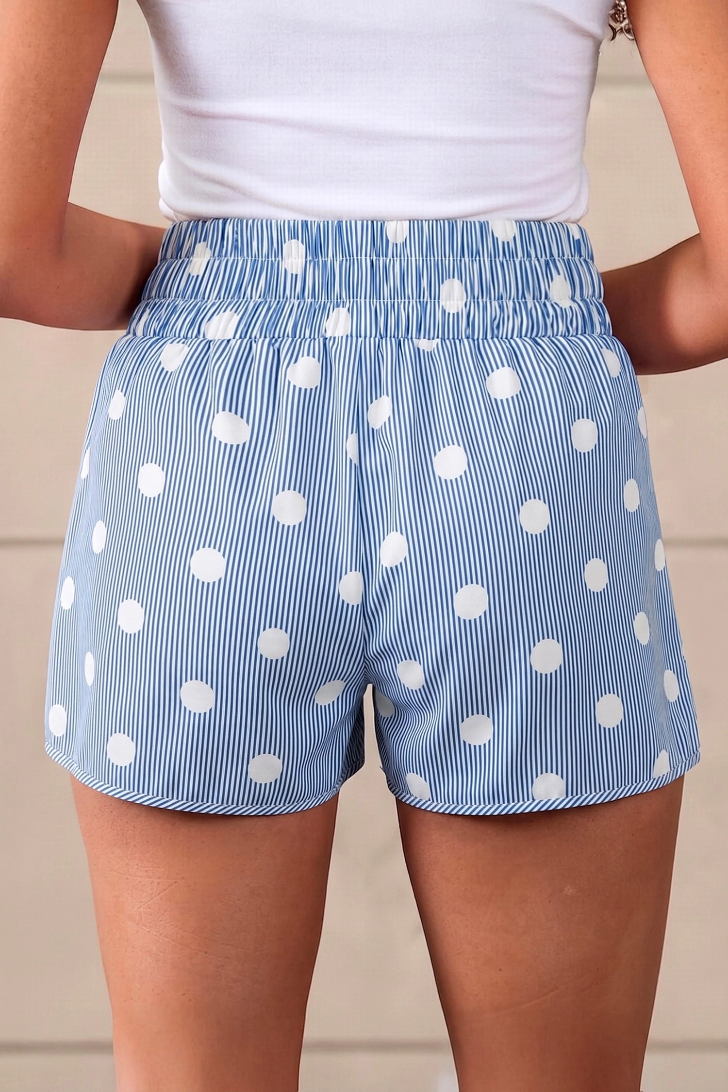 Threaded Pear Womens Hadassah High Waist Polka Dot Casual Shorts - Sky Blue