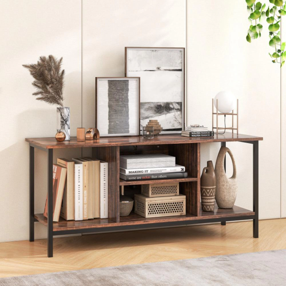 Hivvago Tv Stand Entertainment Center With Open Storage Shelves And Power Outlets To 50 Inches-Rustic Brown