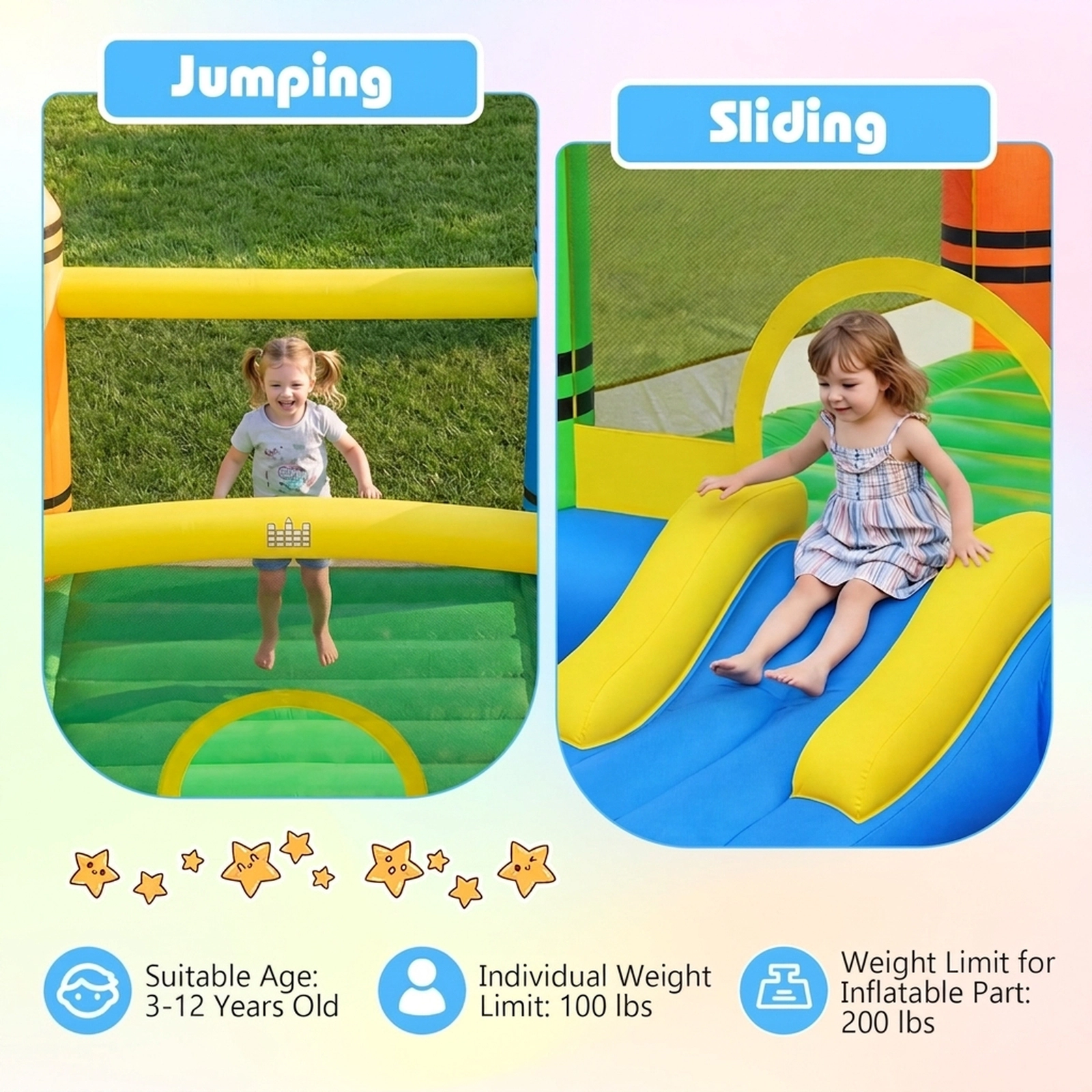 SUGIFT 550W Blower 2-in-1 Inflatable Bounce House Crayon Themed Kids Bouncer