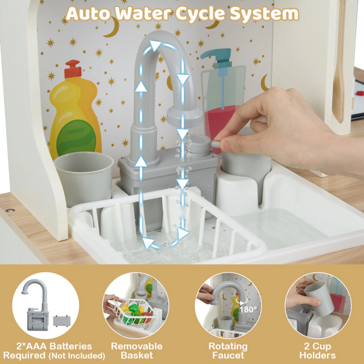 Hivvago Kids Play Kitchen Wooden Corner Kitchen Playset with Working Faucet and Sink