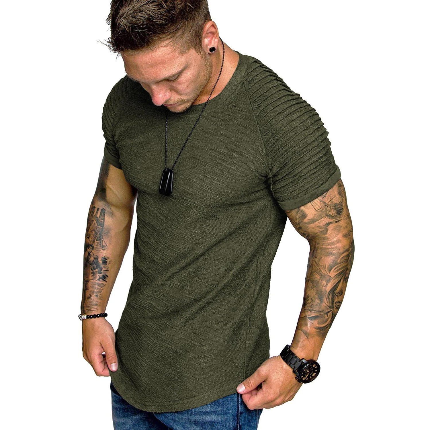 COOFANDY Mens Short Sleeve Crew Neck Tee Ribbed Pleated Sleeves Curved Hem Slim Tops