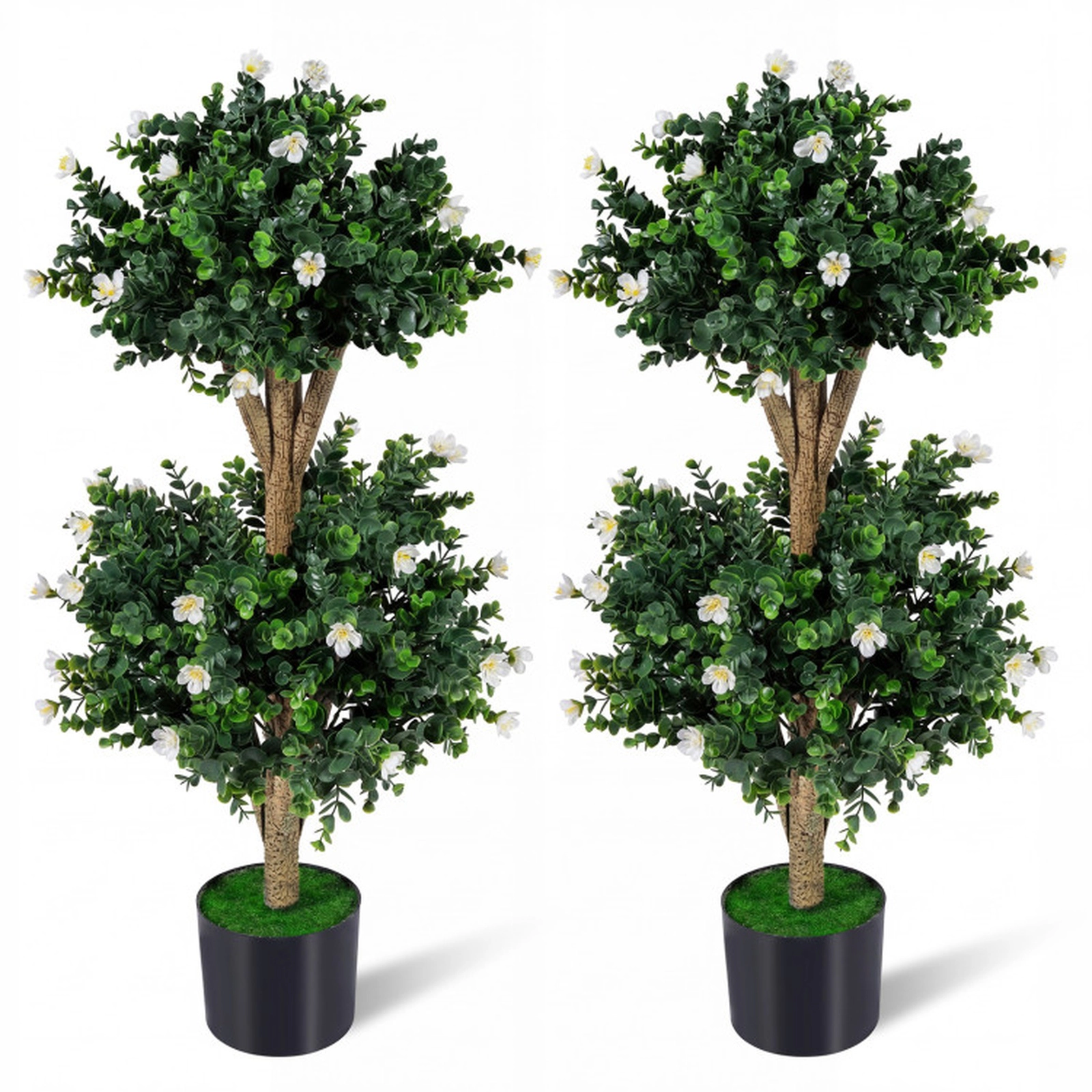 SUGIFT Set of 2 36-in Artificial Double Ball Boxwood Topiary Trees with 41 White Blossoms and Pots