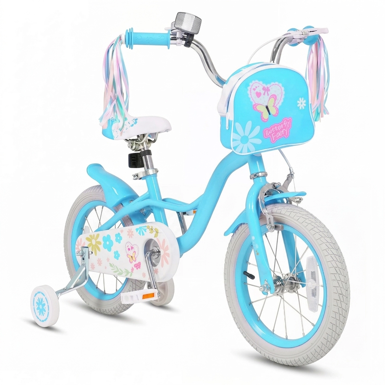 SUGIFT Adjustable Height 14-Inch Girls Bike with Front Bag and Streamers 110-lb Seat Capacity Ages 3-5 Blue