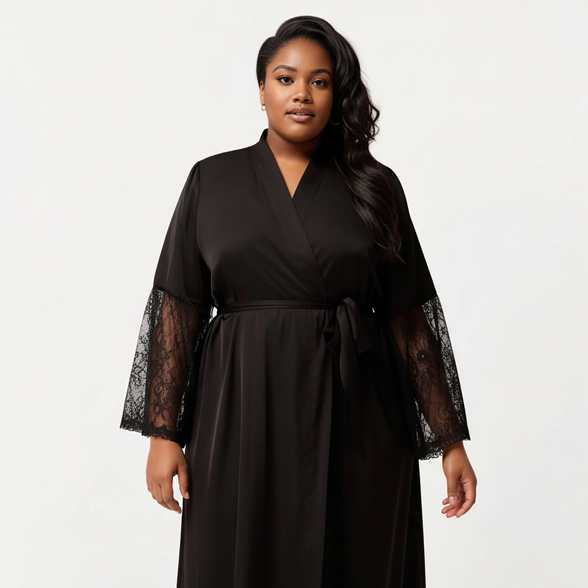 Anna-Kaci Women's Plus Long Satin Robe Sheer Lace Sleeve Panels and Adjustable Tie Waist for a Flowing Silhouette
