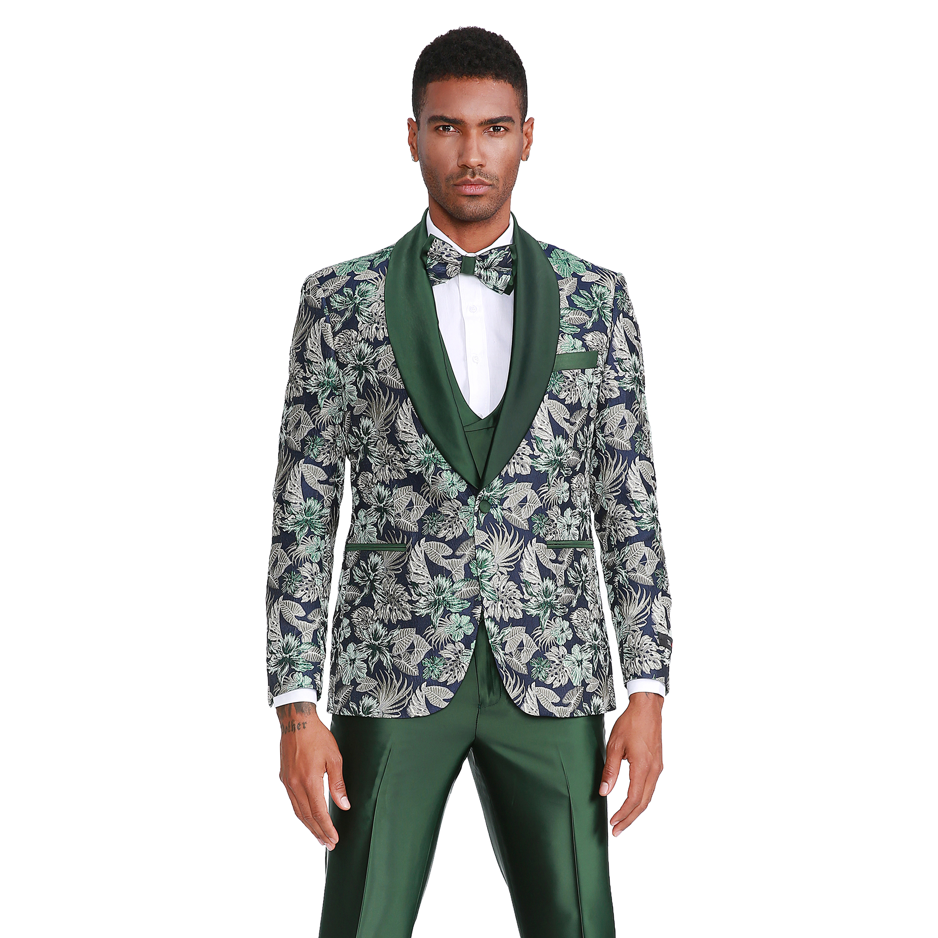 Tazzio Mens Skinny Fit Floral 3pc Fashion Suit Set With Bowtie