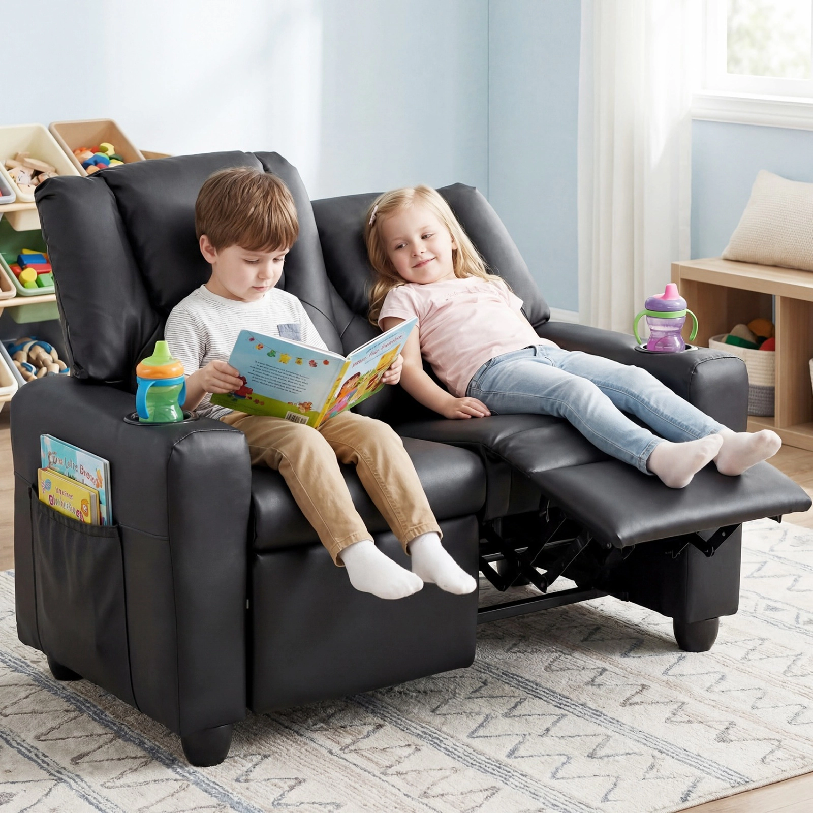 SUGIFT 2 Cup Holders 2-Seater Kids Recliner Double Toddler Sofa Chair