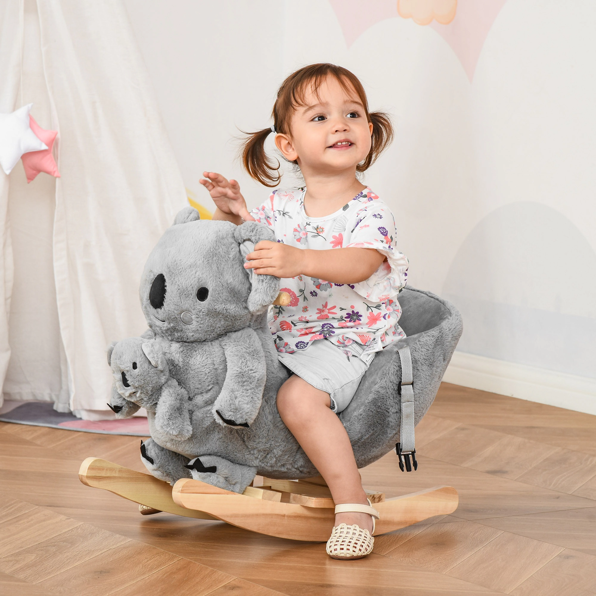 HONGGE Koala-Shaped Plush Rocking Horse for Toddlers 18-36 Months, Wood & Metal Frame, Holds up to 99 lbs, Gray