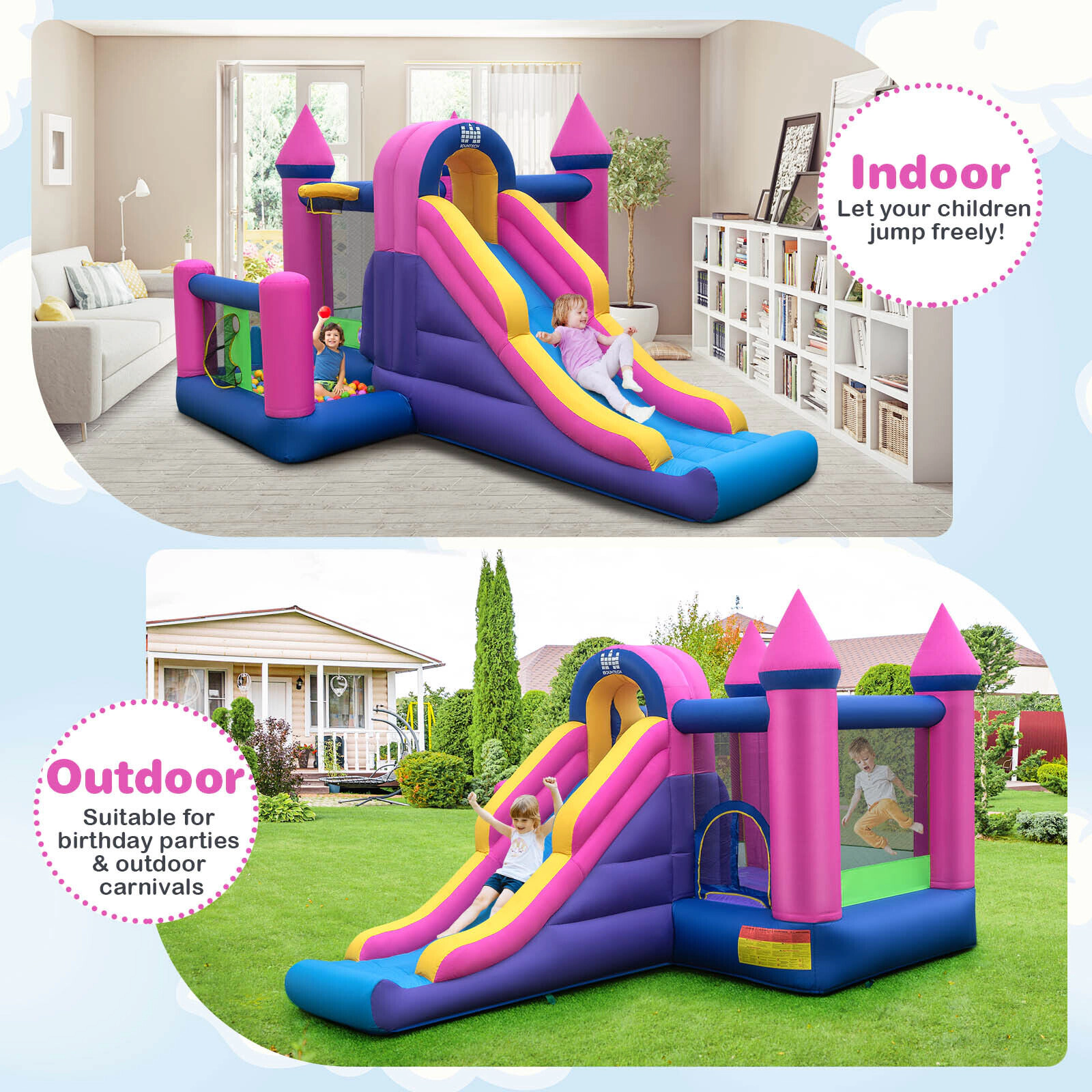 Hivvago 7-in-1 Kids Inflatable Bounce House with Long Slide and 735W Blower