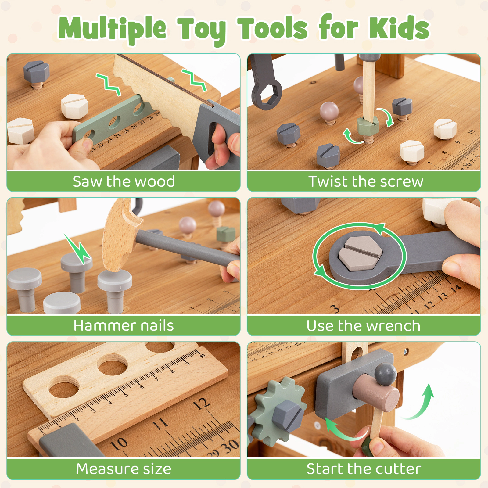 2-in-1 Kids Tool Bench and Rolling Cart with Play Tool Set and Anti-Slide Baffles 29.5-in x 12-in x 33.5-in Brown