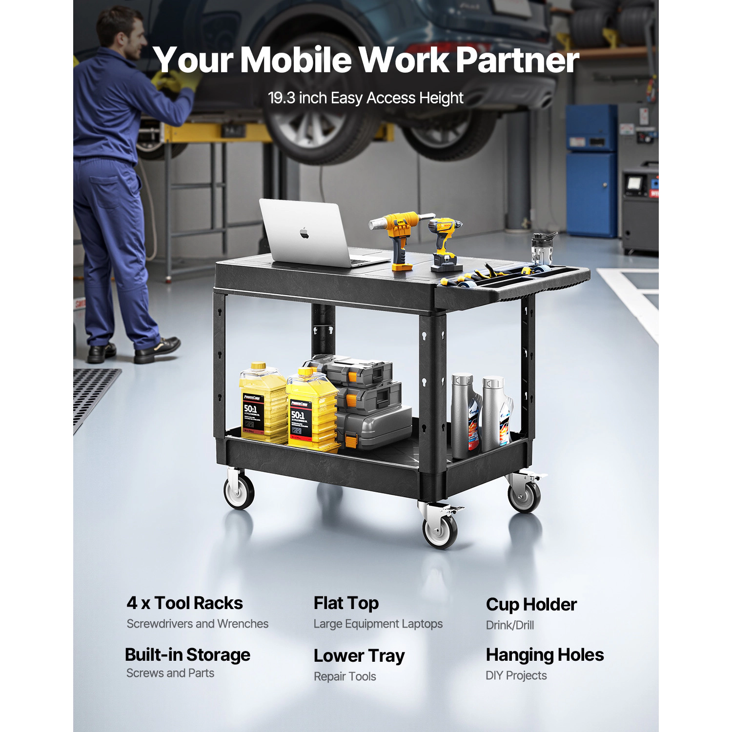 HONGGE Utility Cart 550 lbs Load Capacity Service Cart Two-Shelf Heavy Duty Plastic Utility Cart with 360° Swivel