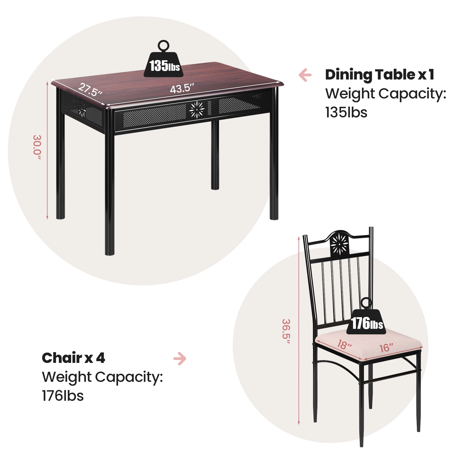SUGIFT Natural 42 Inch Wood Metal Table and 4 Cushioned Chairs 5-Piece Dining Set