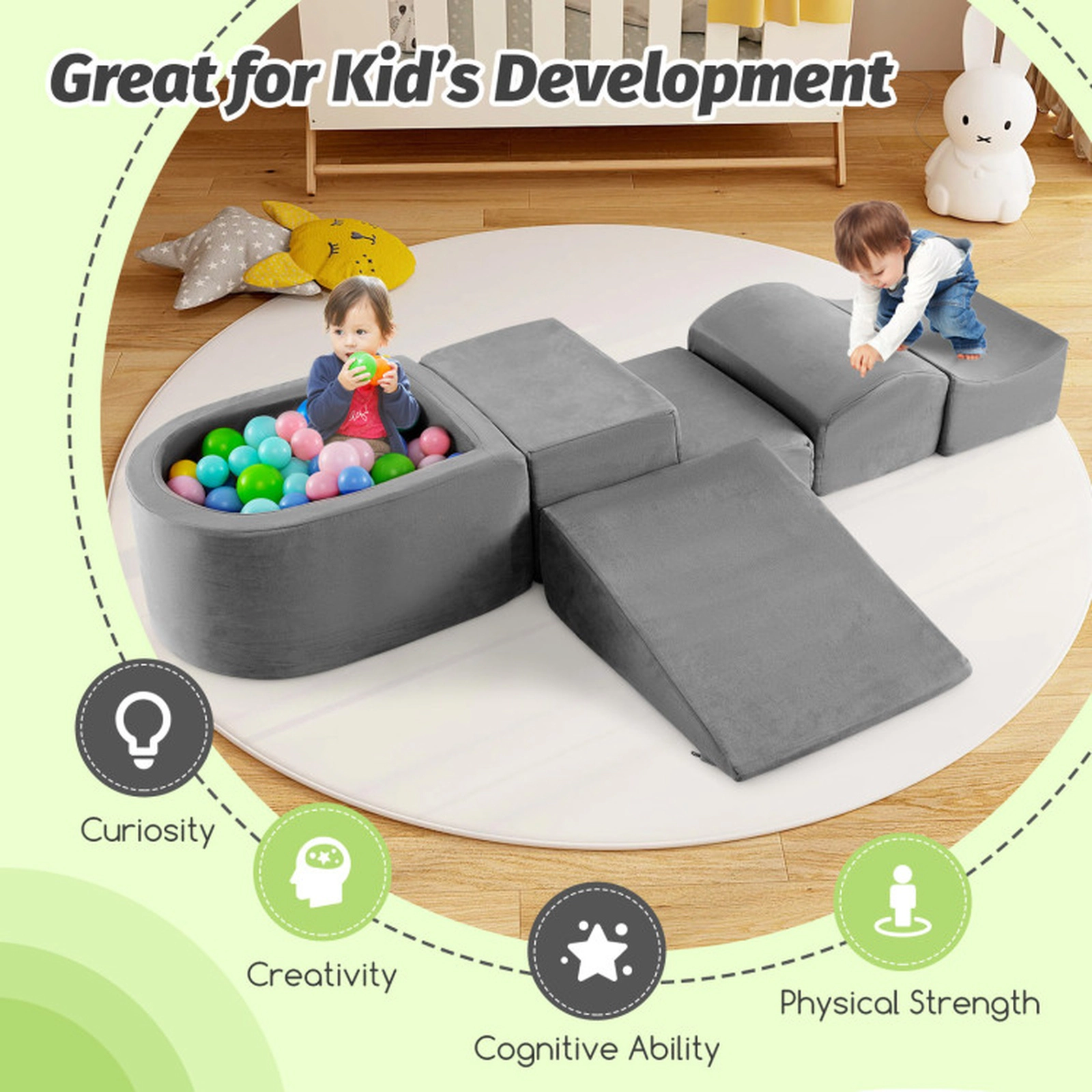 SUGIFT 5-Piece Climb and Crawl Playset with Ball Pit 24-in Ball Pit Ages 3+ Gray/Pink/Multicolor