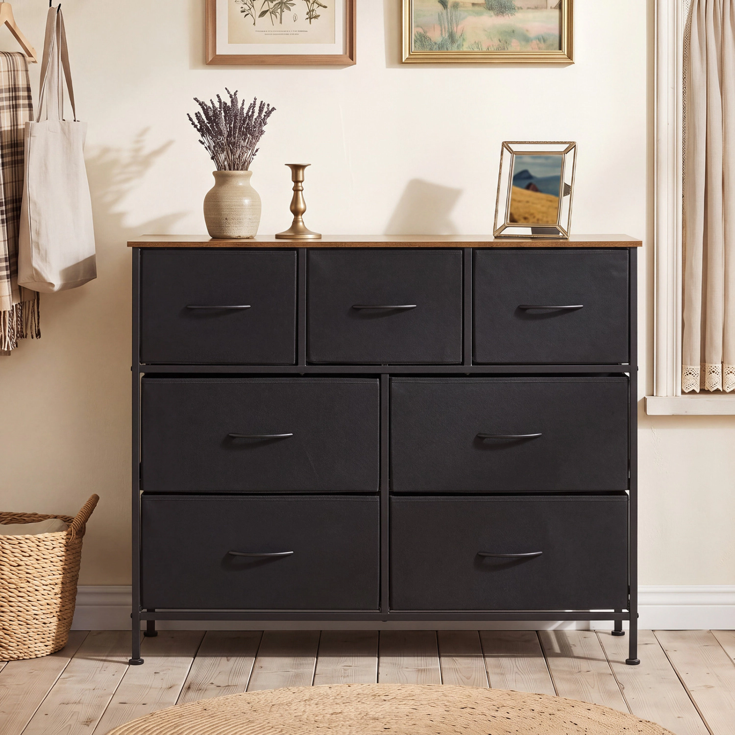 LJG 7-Drawer Wide Dresser with 2-Sized Folding Fabric Drawers for Bedroom
