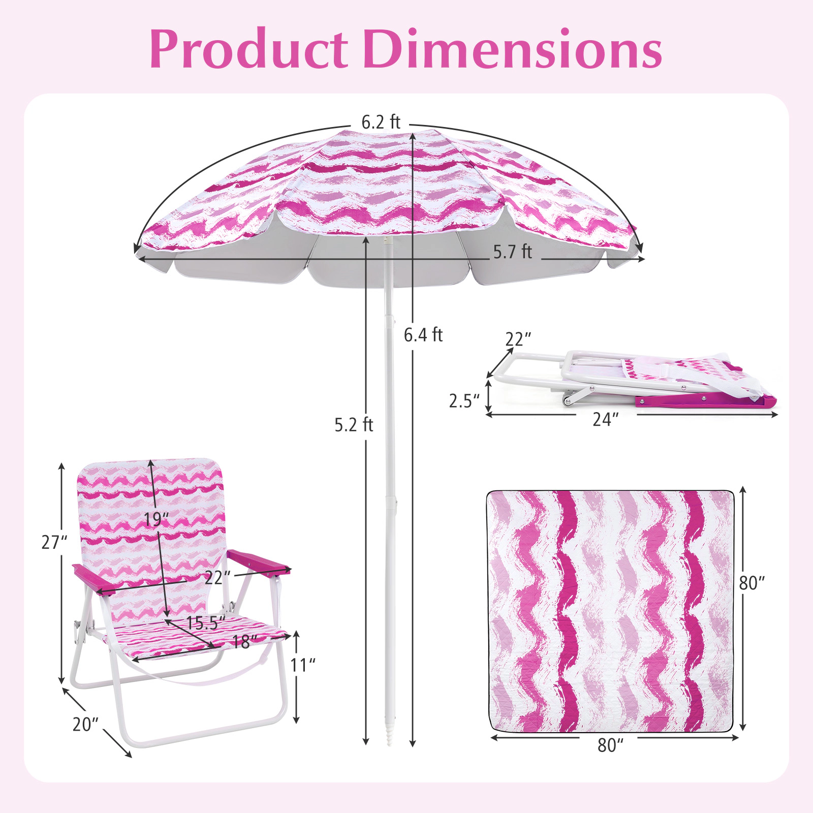 SUGIFT Pink 4-Piece Beach Set with 6.2-ft UPF 50+ Umbrella, 2 Folding Chairs and Picnic Blanket