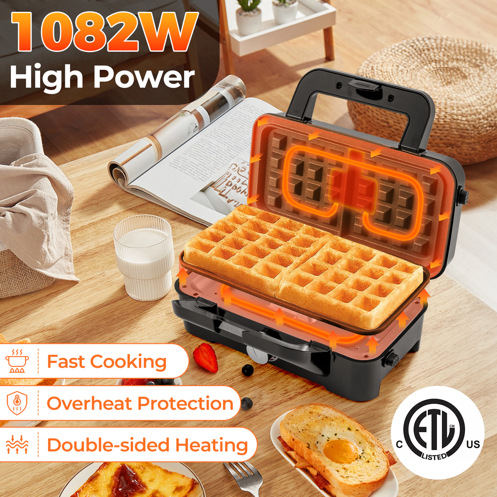 SlikBlue 3-in-1 Sandwich Maker with Waffle and Grill Plates, Adjustable Temperature Control