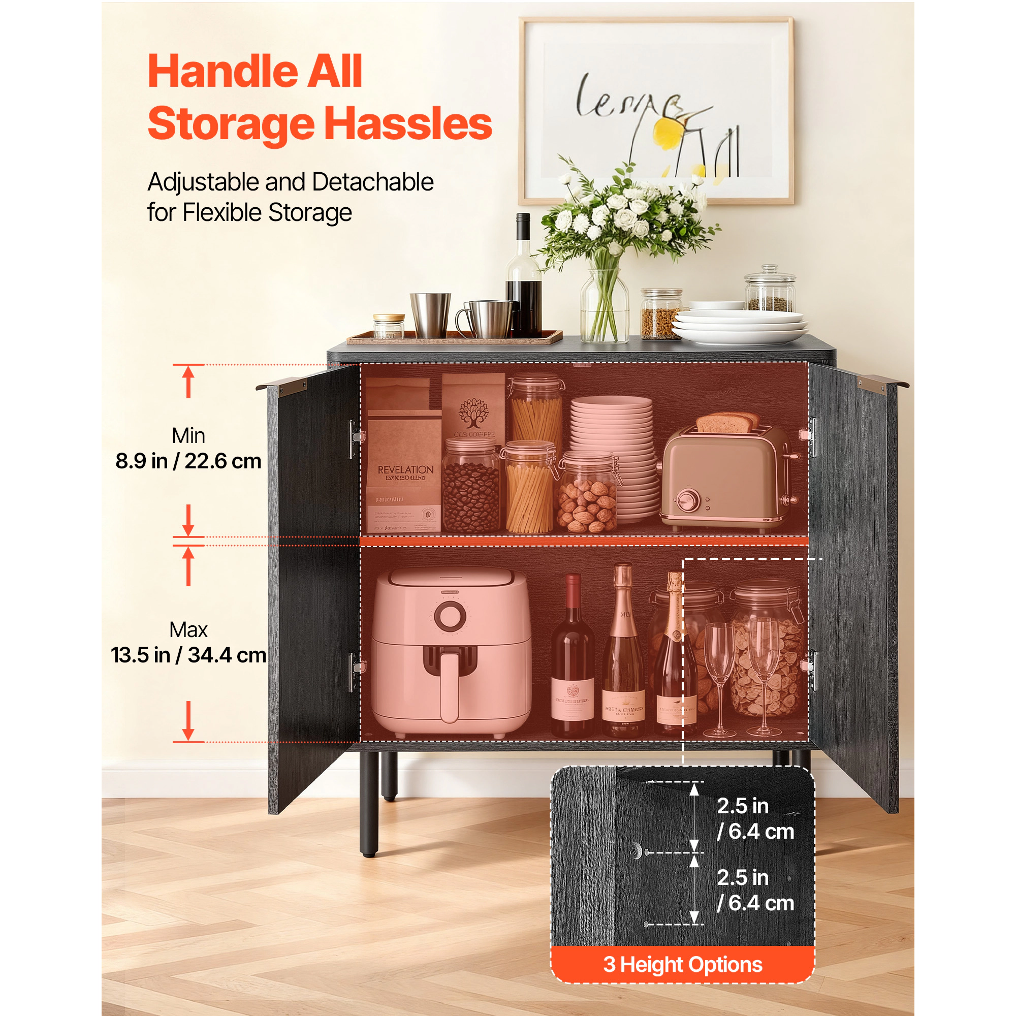 HONGGE Coffee Bar Cabinet Mid Century Fluted Table with 2-Tier Storage Buffet Stand Barn Door