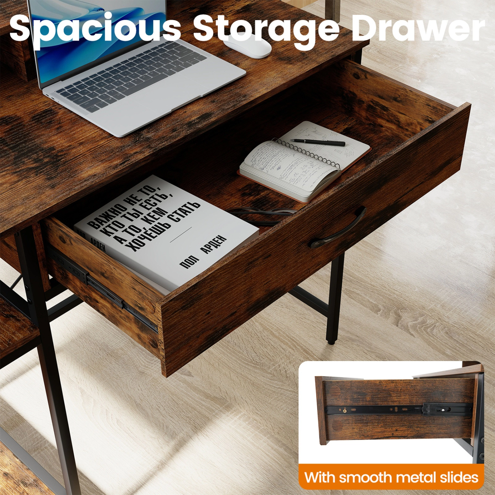 SUGIFT Computer Desk with Hutch Shelf Power Strip Drawer and Shelves 110-lb Tabletop Capacity Rustic Brown + Black