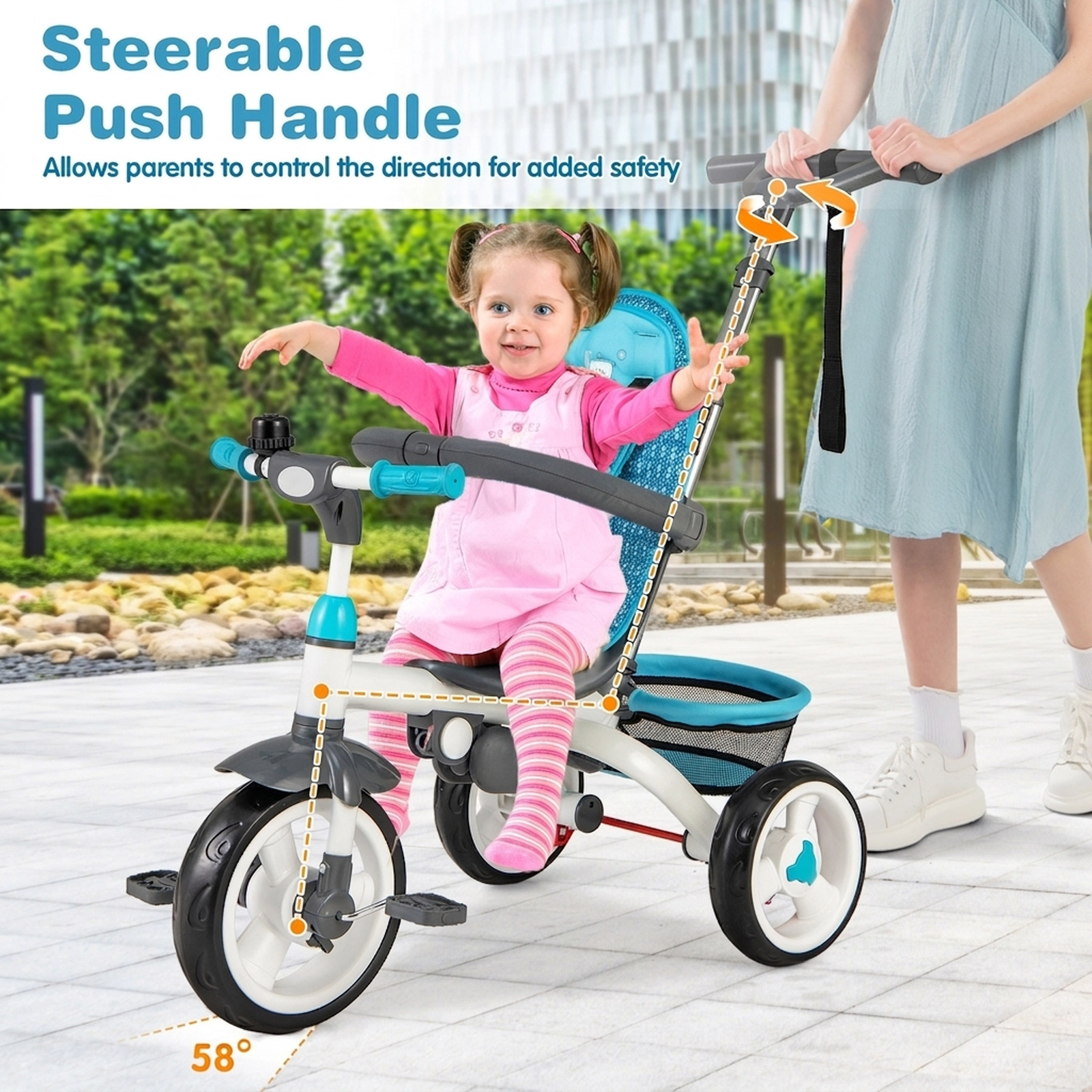 SUGIFT 5-in-1 Detachable Baby Stroller Tricycle with Round Canopy and Mesh Storage Basket Navy Blue