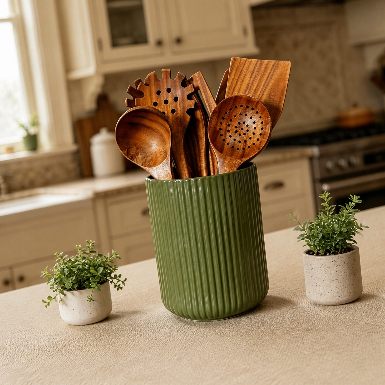 WZK Large Stoneware Farmhouse Ribbed Crock Kitchen Utensil Holder