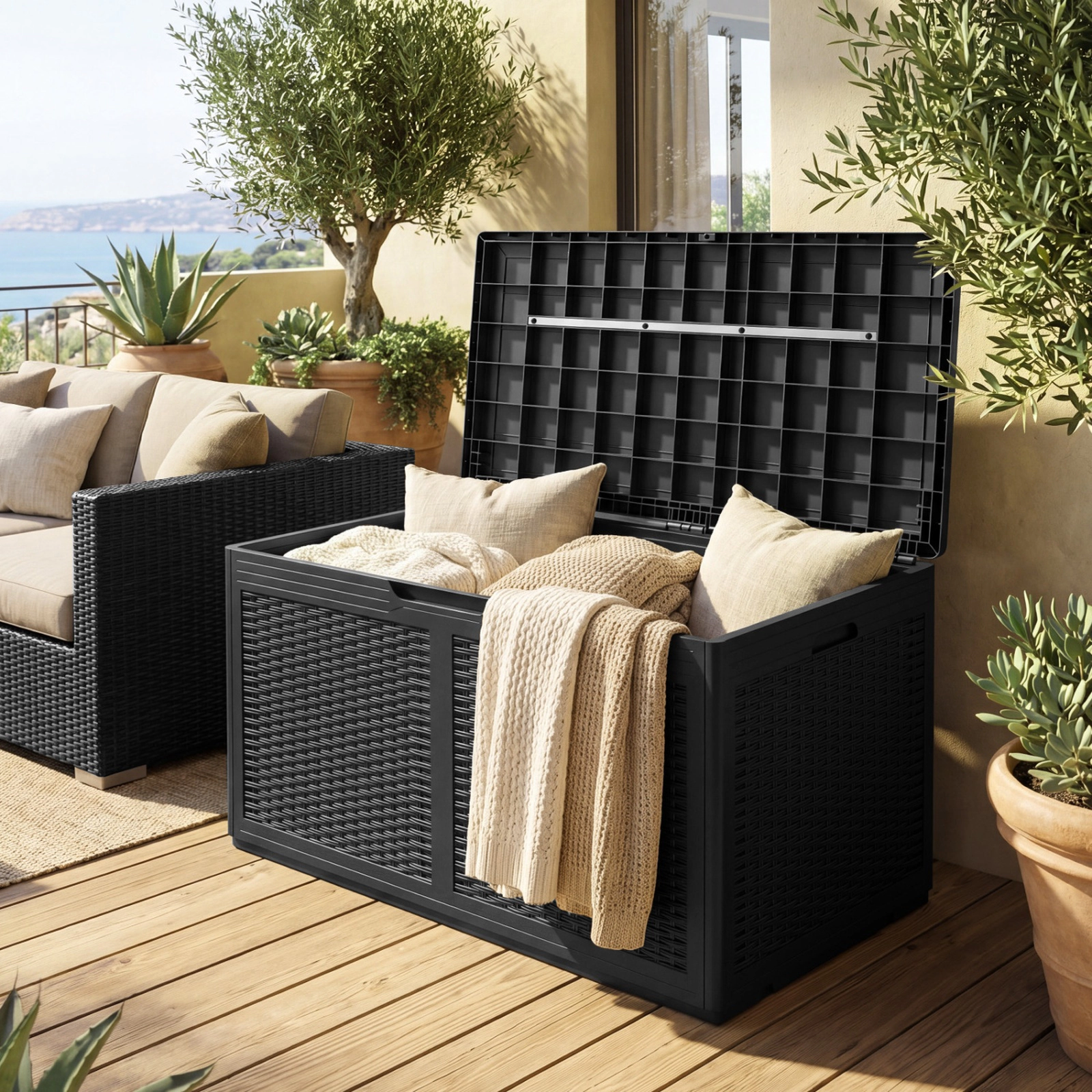SUGIFT 100-Gallon Resin Deck Storage Box Waterproof Outdoor Bench 440-lb Lid Capacity 24-in Tall Black