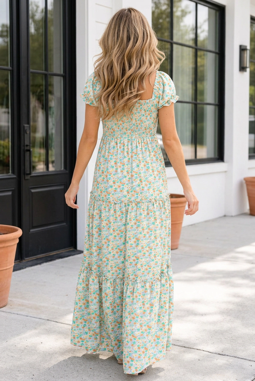 Threaded Pear Womens Maura Shirred Waist Floral Maxi Dress