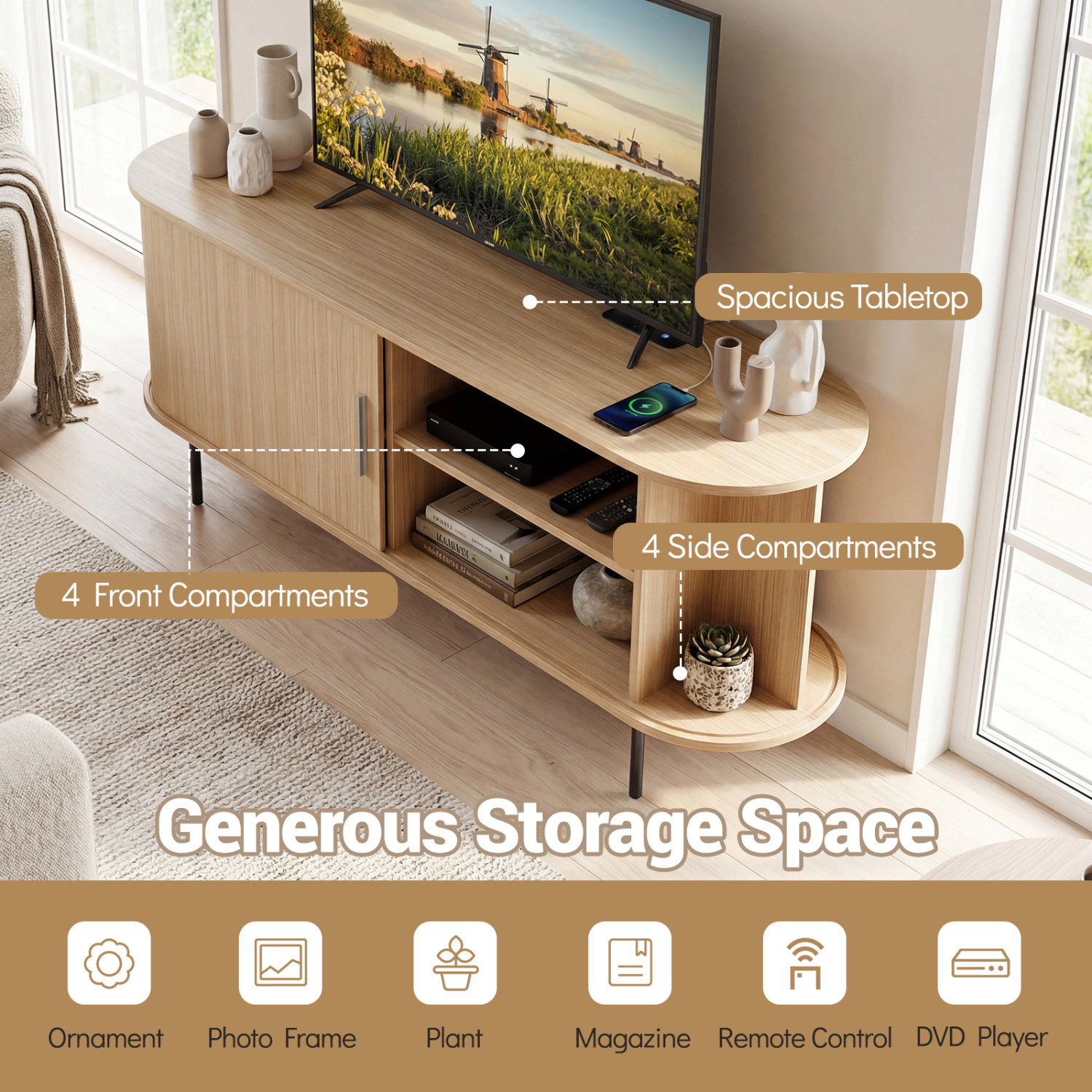 Glintex 55-Inch Fluted TV Stand with Roll-Up Door and Charging Ports
