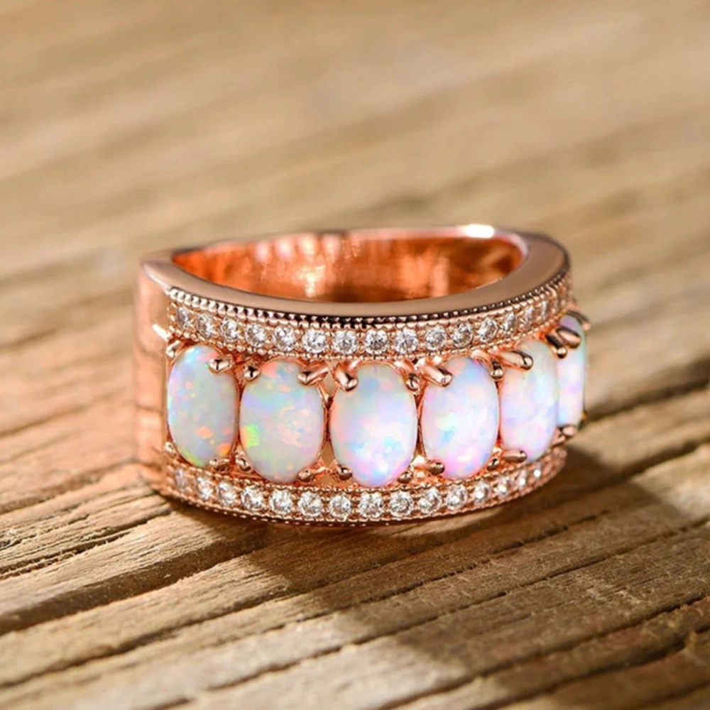 Delicate Oval Synthetic Opal Half Eternity Band Ring
