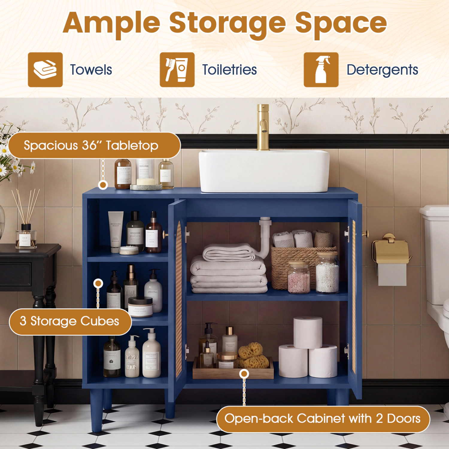 Slickblue 36 Inch Under Sink Bathroom Vanity Cabinet Navy Rattan Style 2-Door Storage