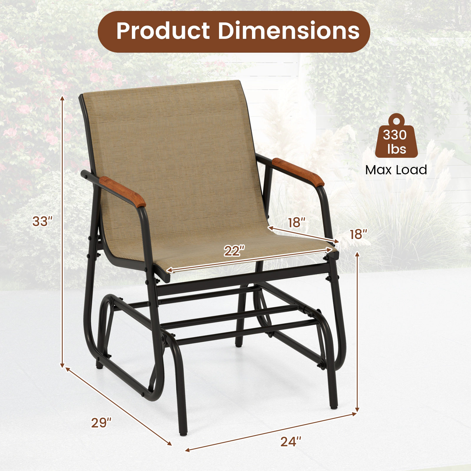 LJG Patio Glider Chair Set of 2 with Curved Teak Armrests and Breathable Fabric Seat