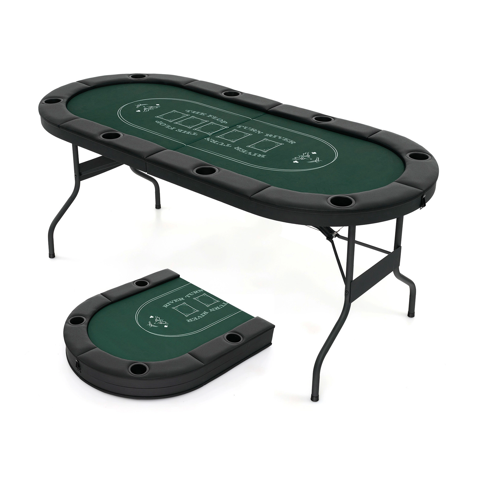 SUGIFT Foldable Oval Poker Table for 8 Players with Cup Holders and PU Leather Armrests Green 72-in Long