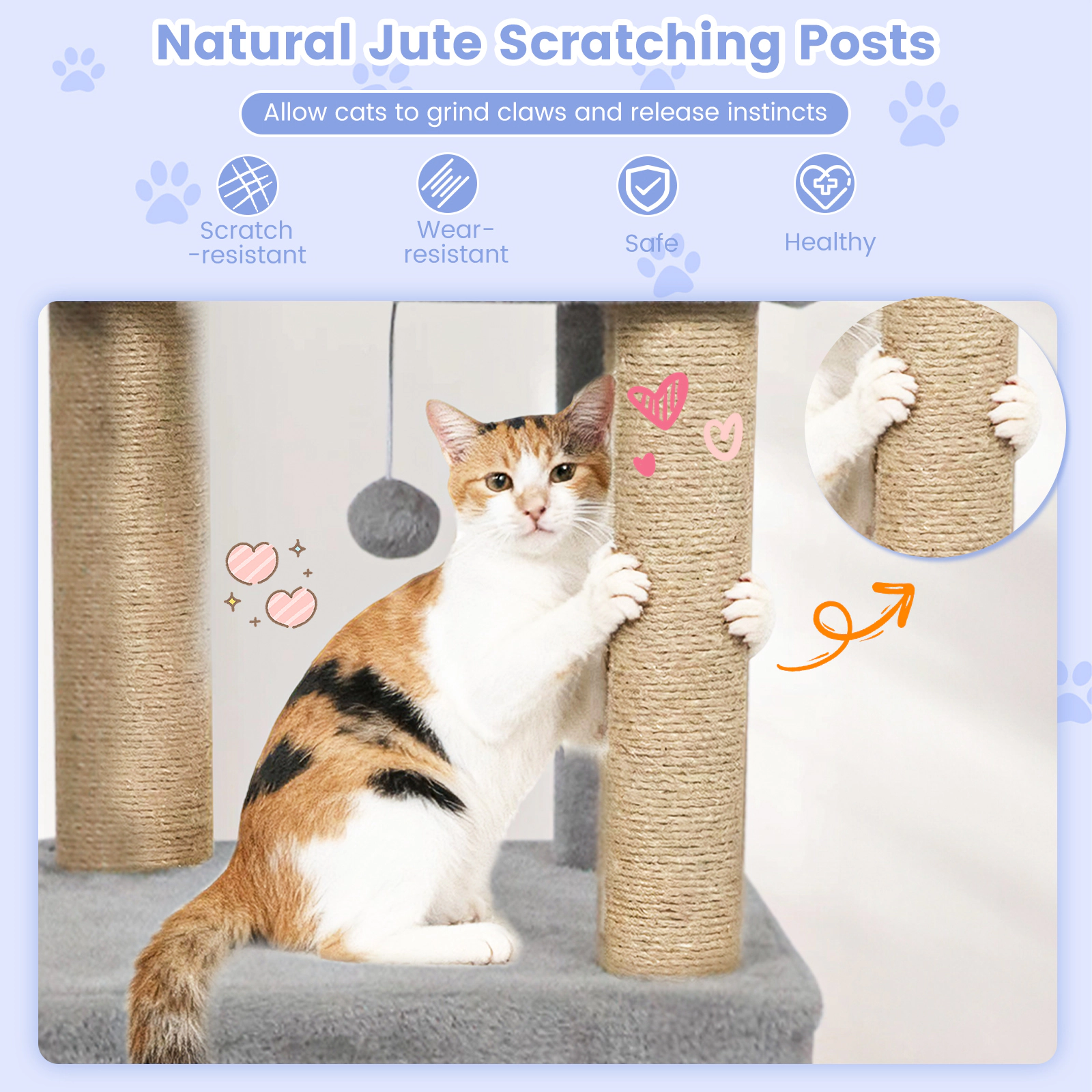 SUGIFT 64-in Light Grey Tall Cat Tree Scratching Tower with Natural Jute Posts 2 Condos and Top Perch