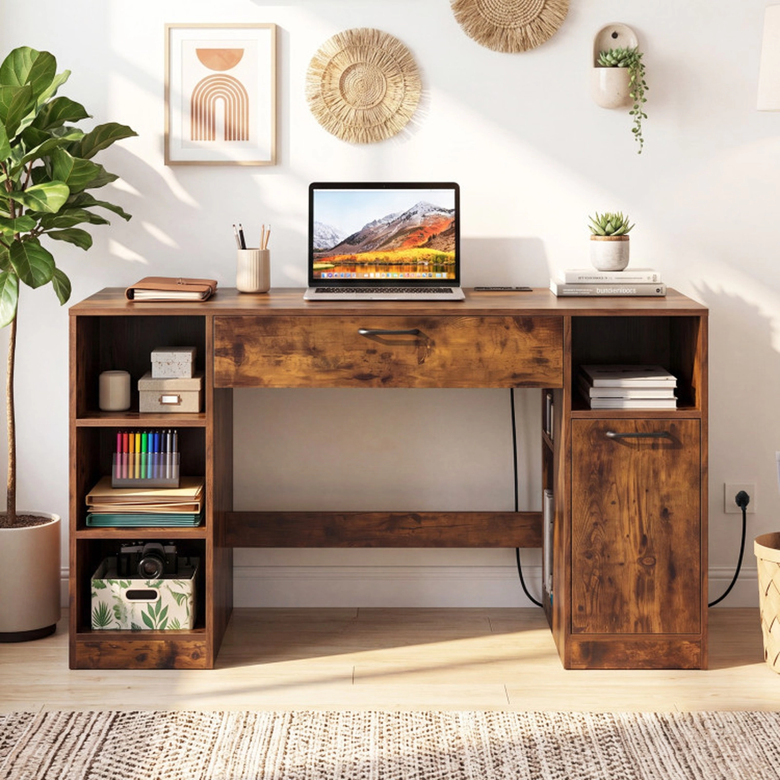 SUGIFT 2 Drawers Open Compartments Charging Station Sewing Desk 53-in x 23.5-in x 30-in 110-lb Capacity Rustic Brown
