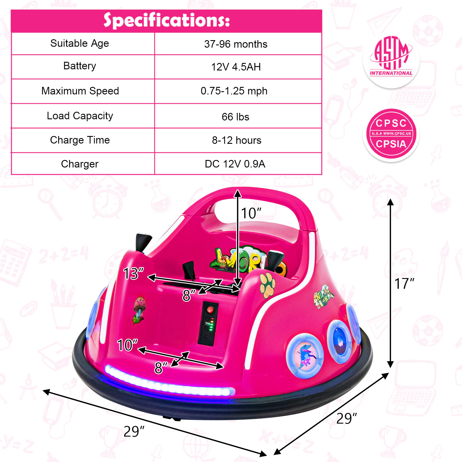 SUGIFT 12V Electric Ride On Car with Remote Control and Flashing LED Lights 66-lb Capacity Ages 37-96 Months Pink