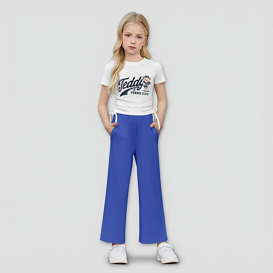 Arshiner Girls Clothing Sets Short Sleeve Side Drawstring Tops And Heart Print Wide Leg Pants
