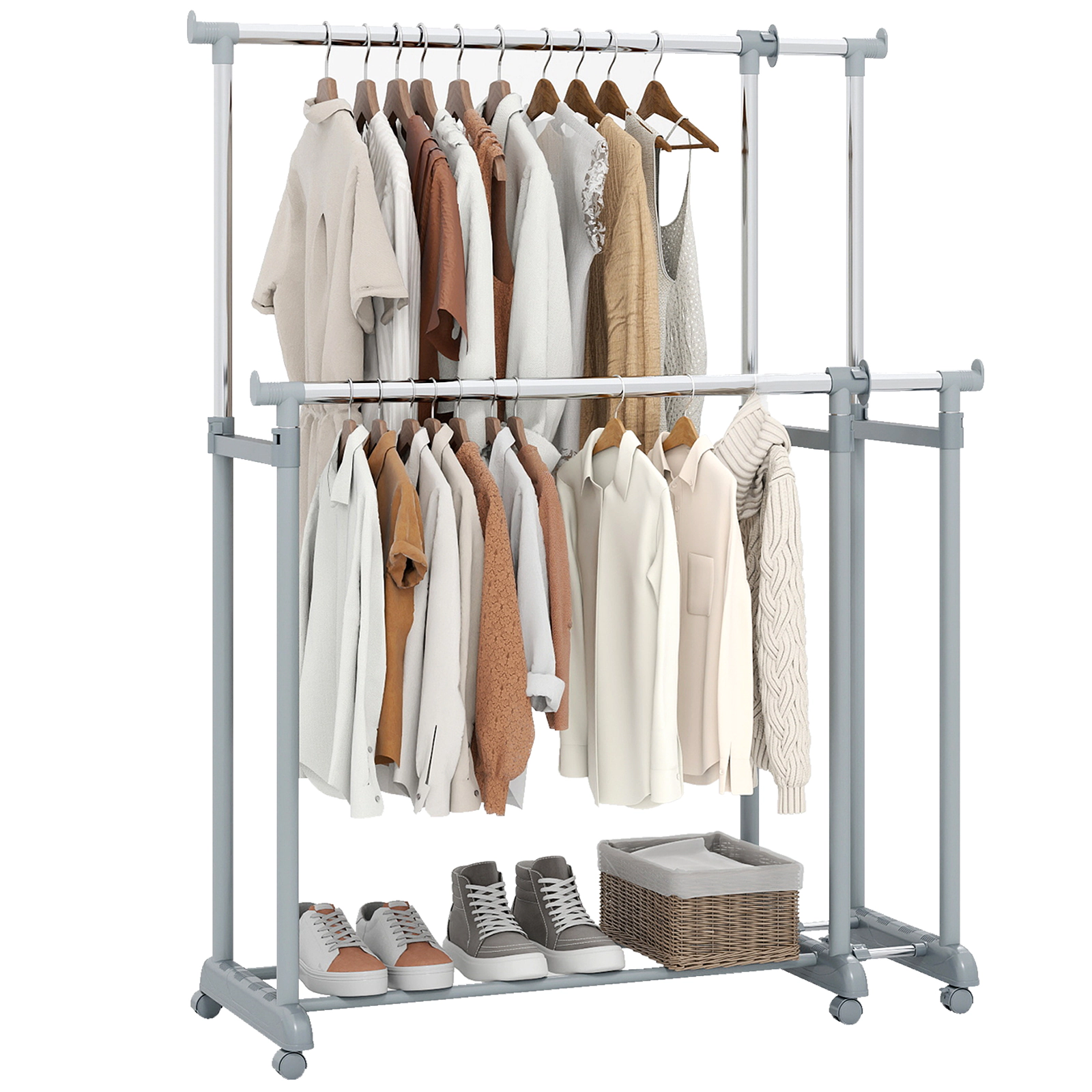 Glintex Extendable Double-Rod Clothes Rack with 6 Casters and Safety Locks, Silver