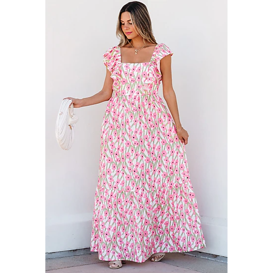 Threaded Pear Women's Angelica Floral Ruffled Strap Maxi Dress