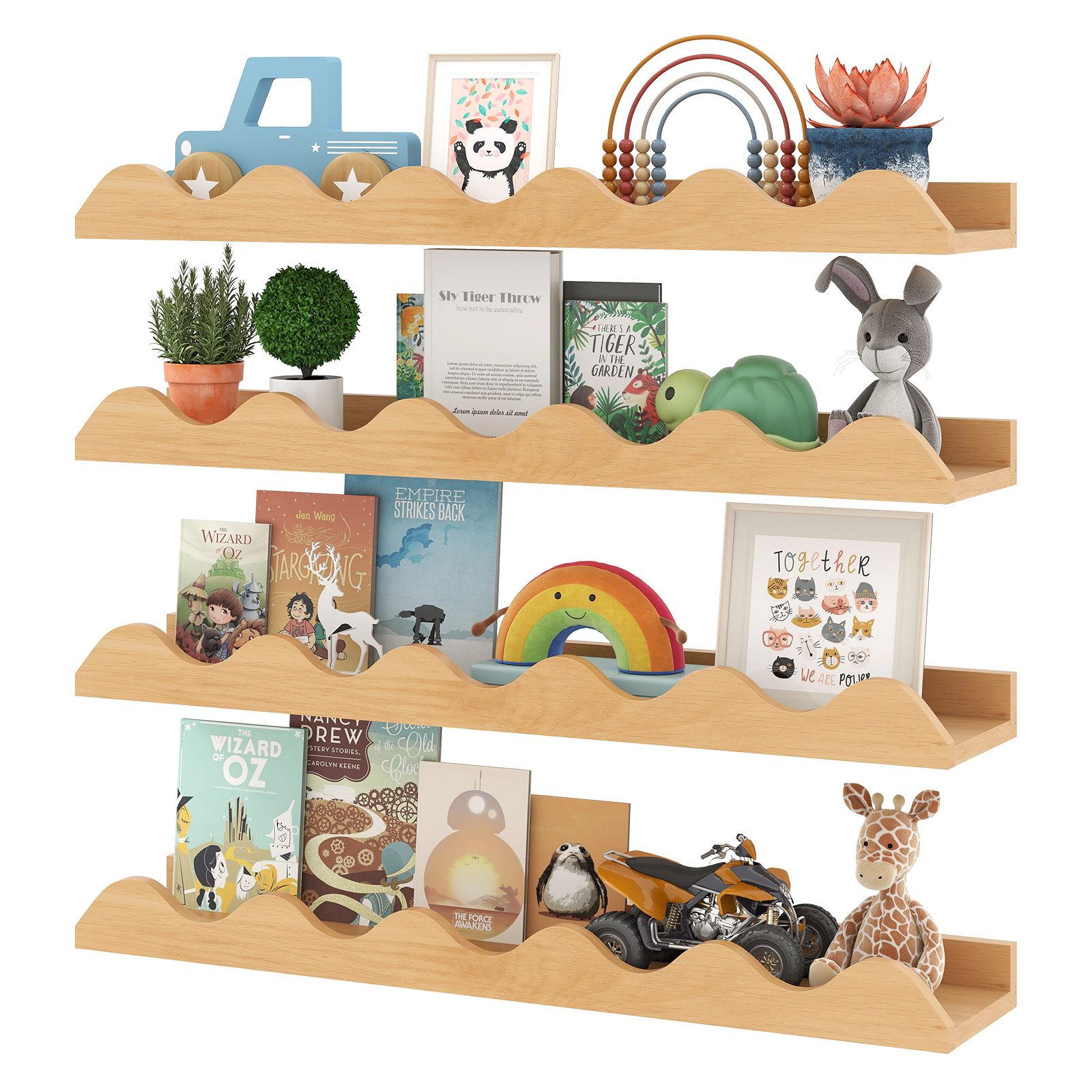 SUGIFT Natural 24 in Set of 4 Kids Wall-Mounted Picture Ledge Book Shelves