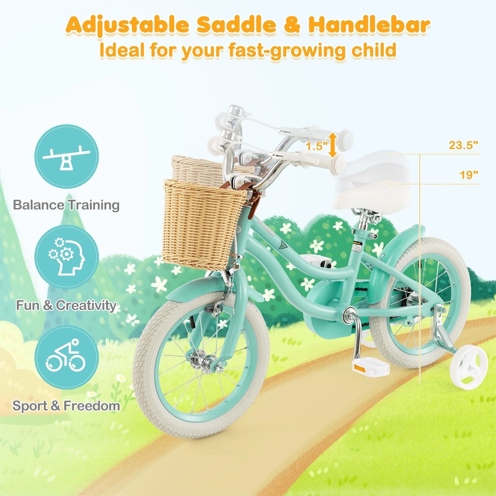 SUGIFT Green Training Wheels Front Basket and Adjustable Handlebar Seat Kids 14 Inch Bike