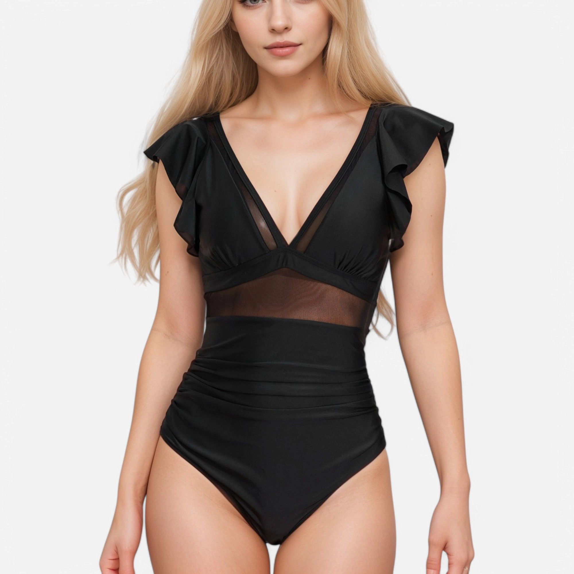 Anna-Kaci Women One Piece Swimsuit - Mesh Waist Detail, Flutter Shoulder Straps