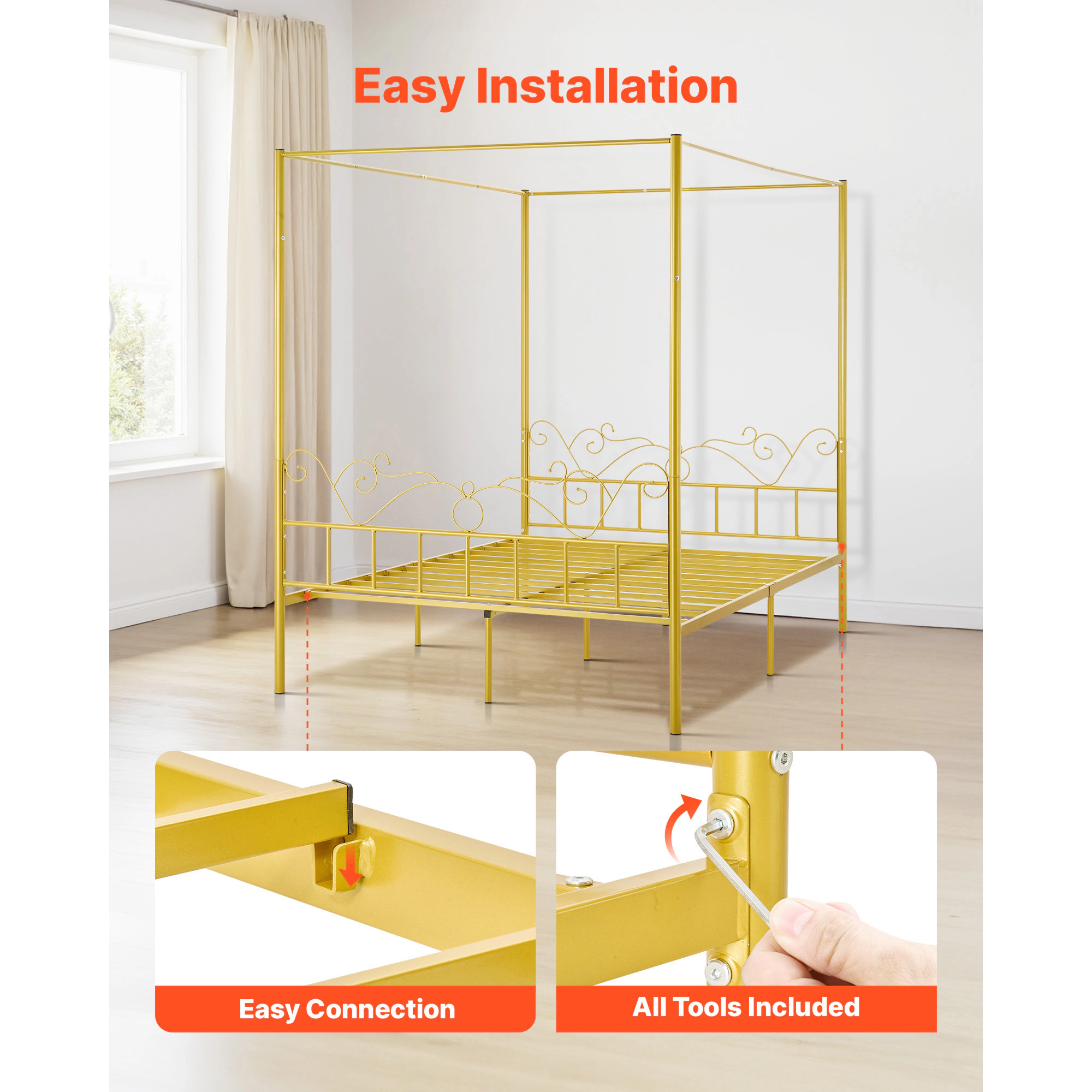 HONGGE Canopy Bed Frame Metal with Minimalist Headboard & Four Posters Design Heavy Duty Steel Slats Support